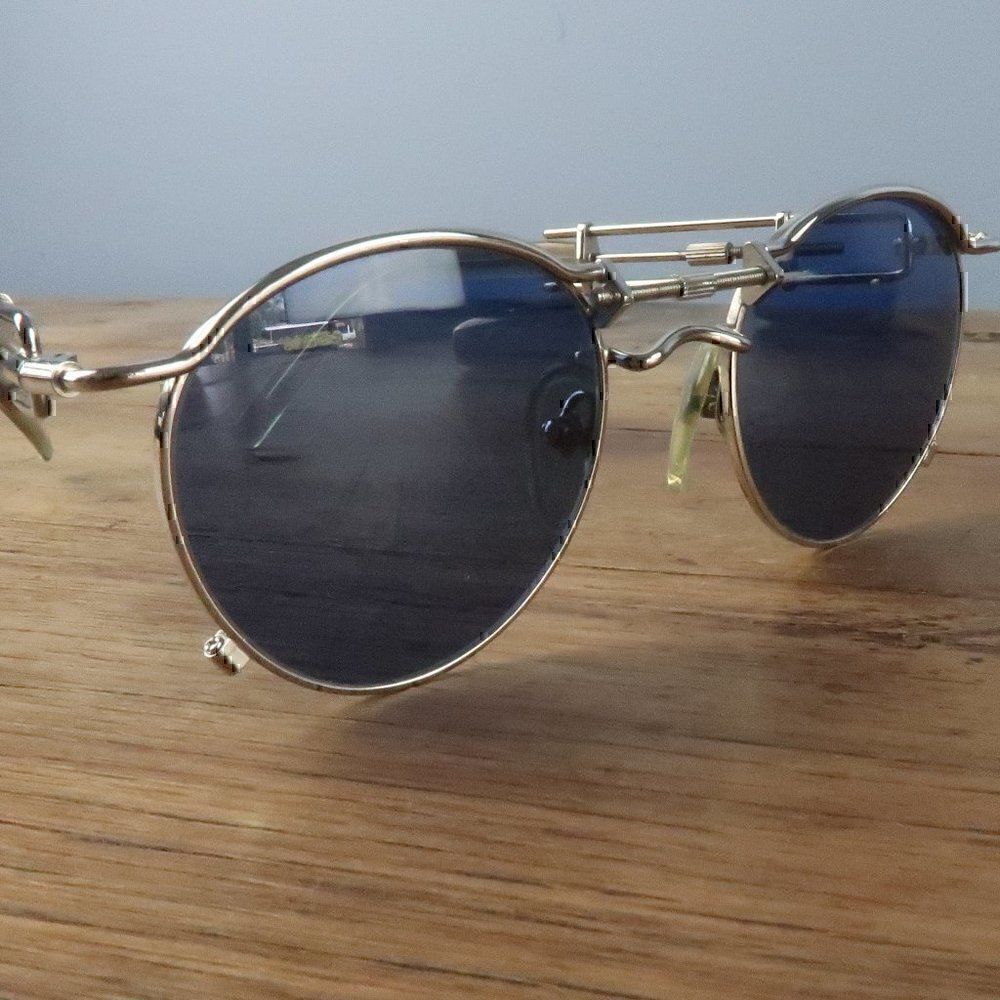 JEAN PAUL GAULTIER SILVER WITH BLUE LENS #56-0174 VINTAGE STEAMPUNK SUNGLASSES